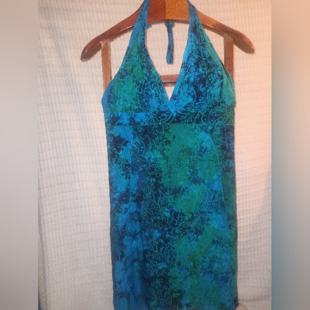 Lost Island Brand Blue Green Halter Dress.Beautiful Batik.